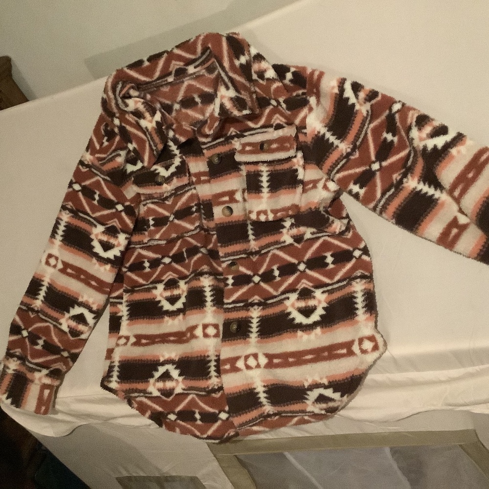 SHEIN Brown Rust Aztec Fleece Shacket